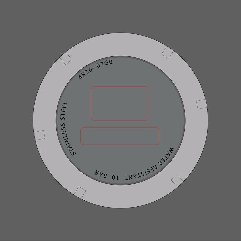 Diagrama del cristal y el bisel de un reloj con las zonas de personalización señaladas