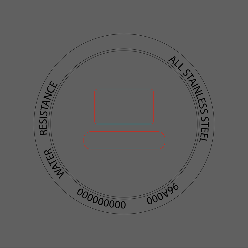 Diagrama de la tapa trasera de un reloj con las zonas de personalización señaladas